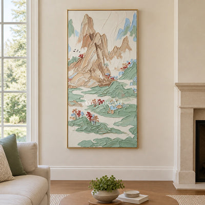 Restful Prelude green mountain wall art with a gold frame hanging in a living room