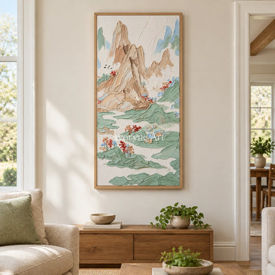 Restful Prelude green mountain wall art with a wood frame in a villa living space