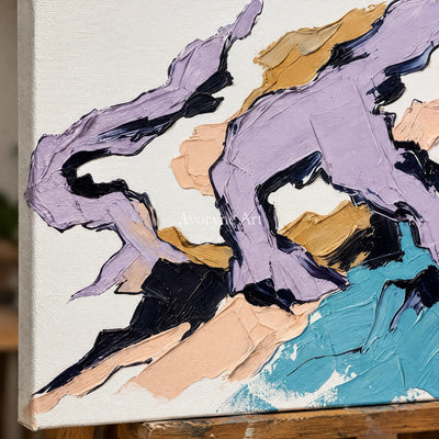 Close-up of the hand-painted texture of Restful Story green mountain wall art on an easel