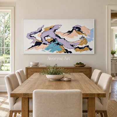 Restful Story green mountain wall art with a white frame in a dining room