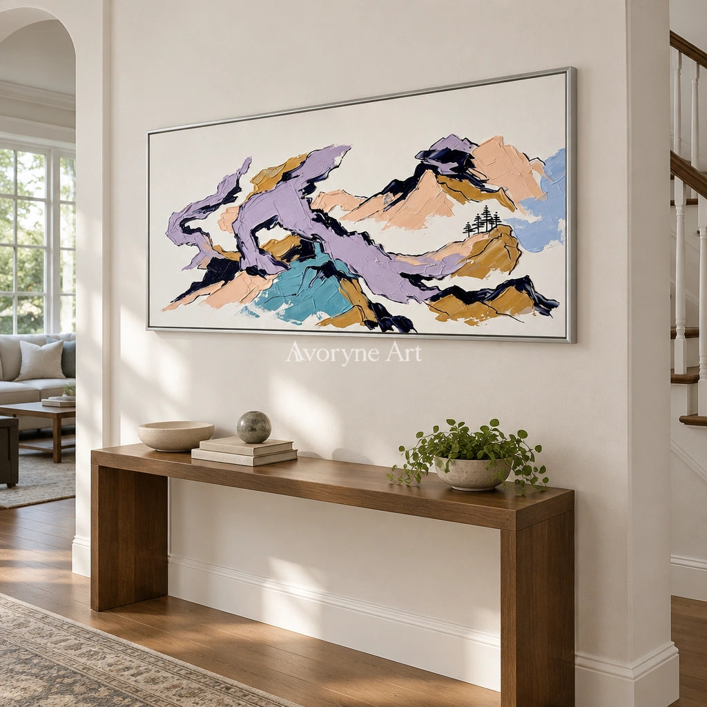 Restful Story green mountain wall art with a silver frame in an entryway