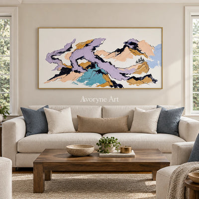 Restful Story green mountain wall art with a gold frame hanging in a living room