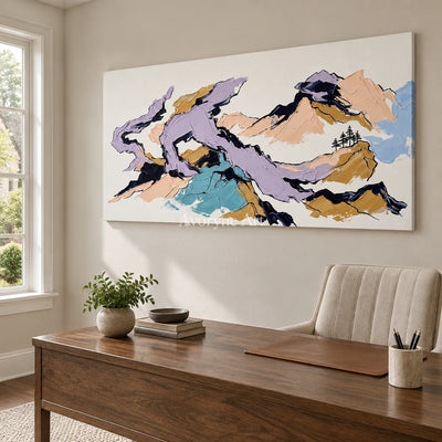 Restful Story green mountain wall art as a frameless stretched canvas in a home office