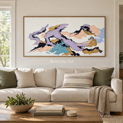 Restful Story green mountain wall art with a wood frame in a villa living space