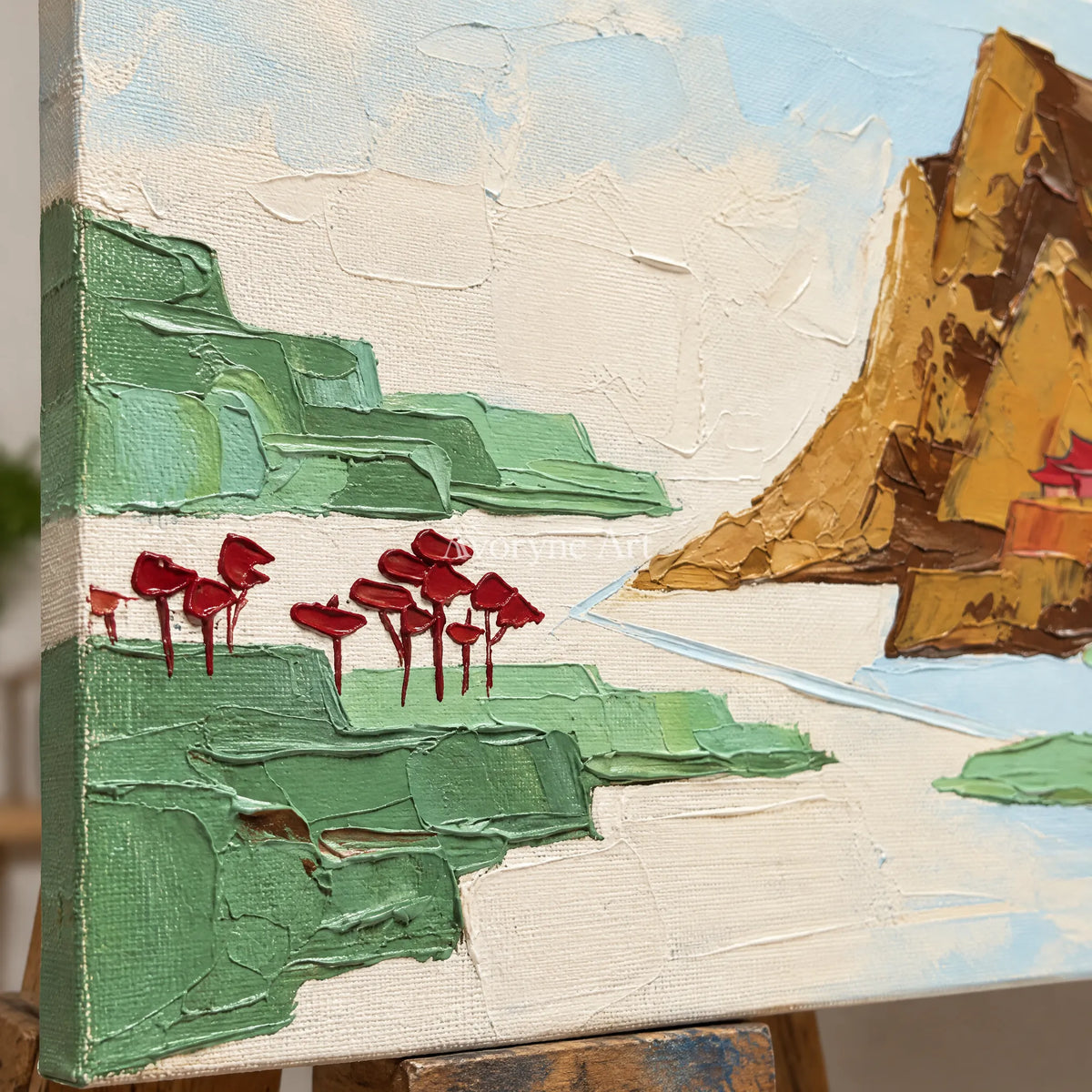 Close-up of the hand-painted texture of Restful Vista green mountain wall art on an easel