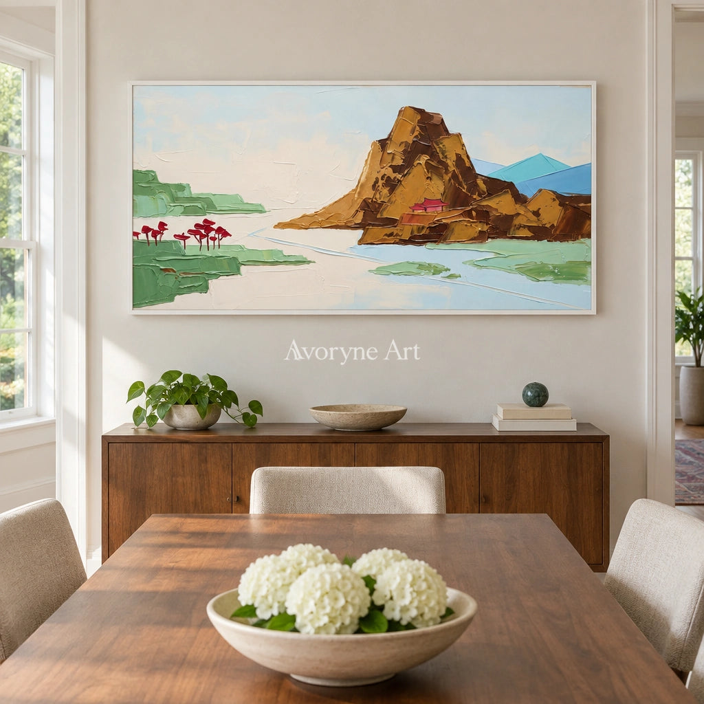 Restful Vista green mountain wall art with a white frame in a dining room