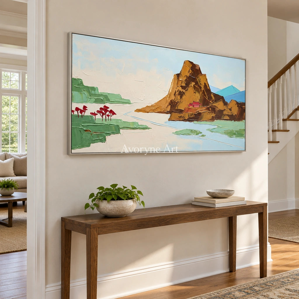 Restful Vista green mountain wall art with a silver frame in an entryway