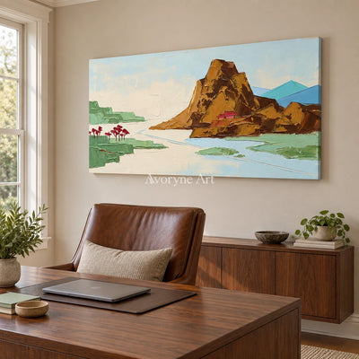 Restful Vista green mountain wall art as a frameless stretched canvas in a home office