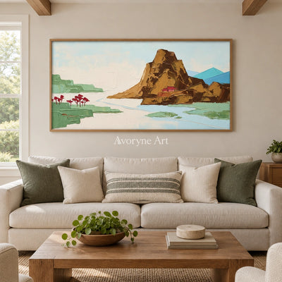 Restful Vista green mountain wall art with a wood frame in a villa living space