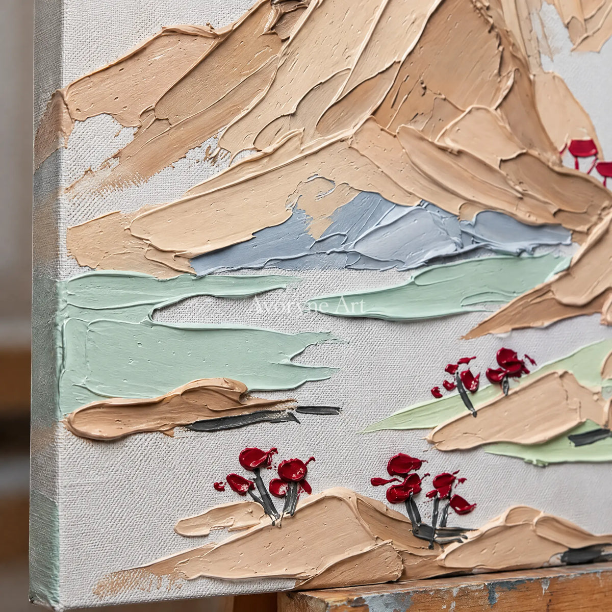 Close-up of the hand-painted texture of Restful Current green mountain wall art on an easel