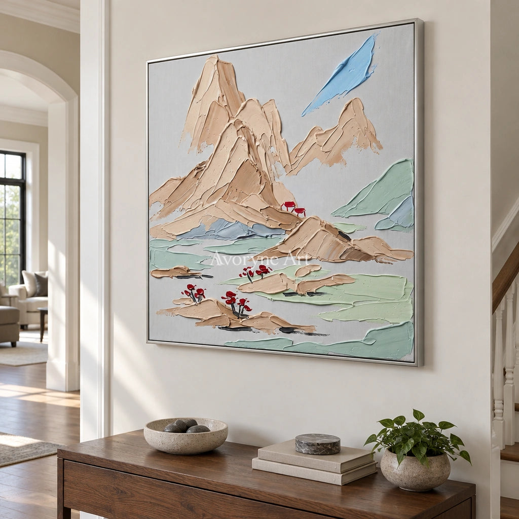 Restful Current green mountain wall art with a silver frame in an entryway