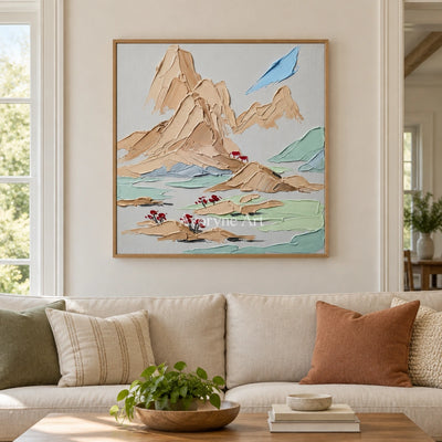 Restful Current green mountain wall art with a wood frame in a villa living space
