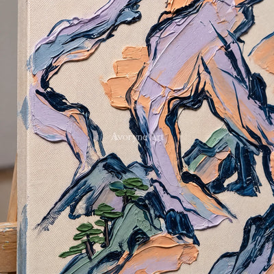 Close-up of the hand-painted texture of Restful Solace green mountain wall art on an easel