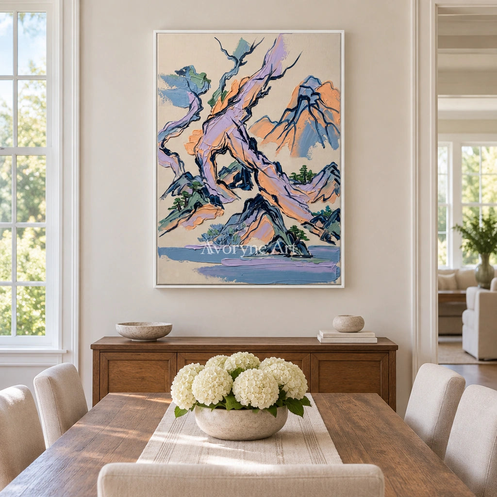 Restful Solace green mountain wall art with a white frame in a dining room