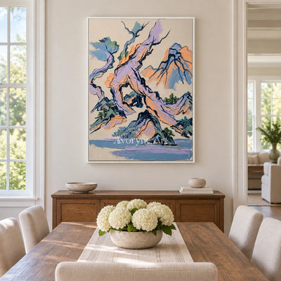 Restful Solace green mountain wall art with a white frame in a dining room