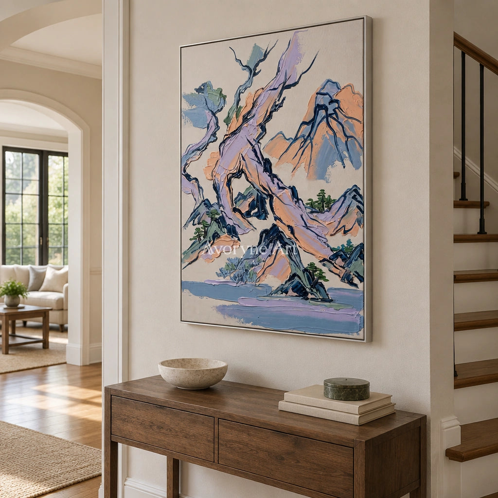 Restful Solace green mountain wall art with a silver frame in an entryway