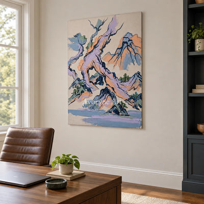 Restful Solace green mountain wall art as a frameless stretched canvas in a home office