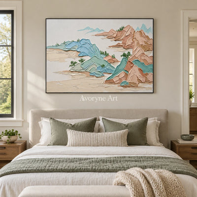 Restful Reverberation green mountain wall art with a black frame above a bed in a bedroom