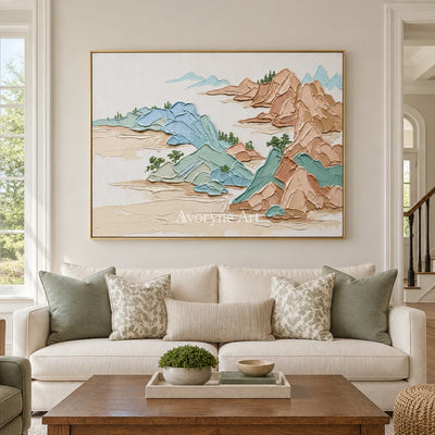 Restful Reverberation green mountain wall art with a gold frame hanging in a living room