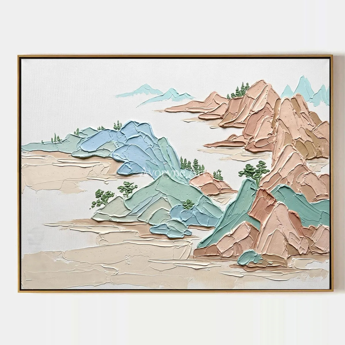 Restful Reverberation, hand-painted green mountain wall art by Renji Aoki