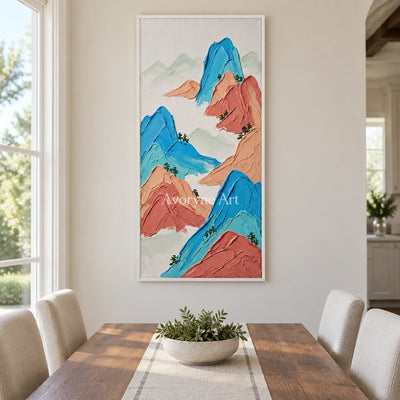 Restful Dialogue green mountain wall art with a white frame in a dining room