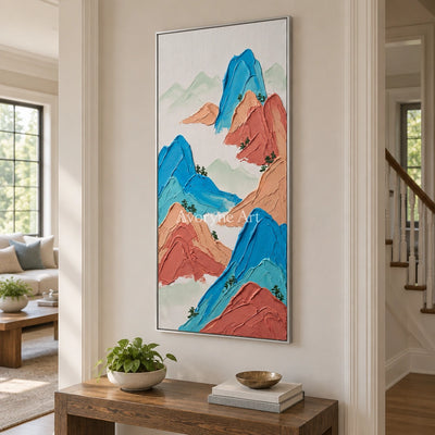 Restful Dialogue green mountain wall art with a silver frame in an entryway