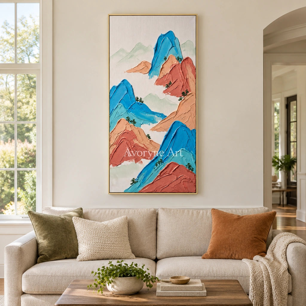 Restful Dialogue green mountain wall art with a gold frame hanging in a living room