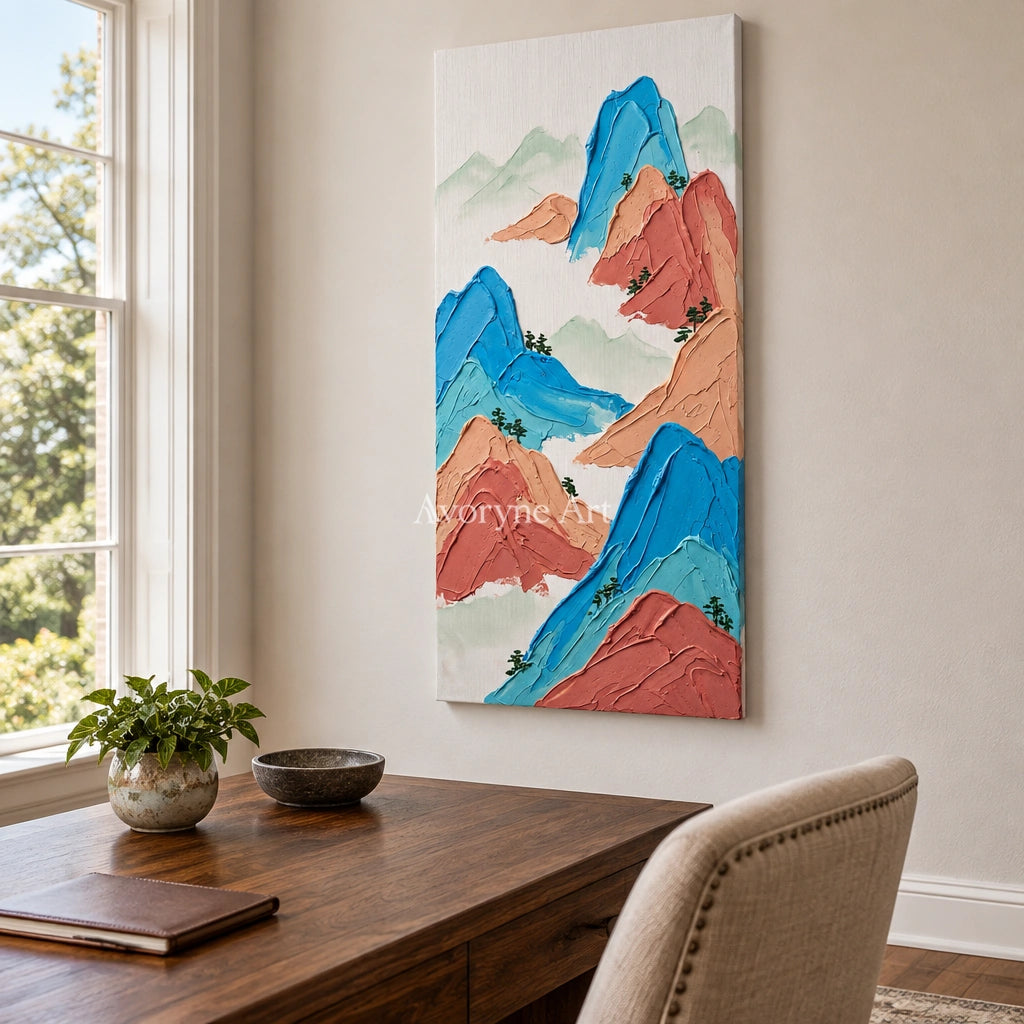 Restful Dialogue green mountain wall art as a frameless stretched canvas in a home office