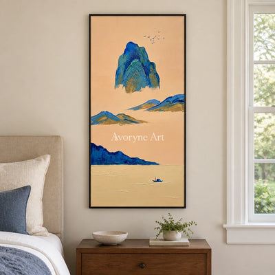 Faint Passage green mountain wall art with a black frame above a bed in a bedroom