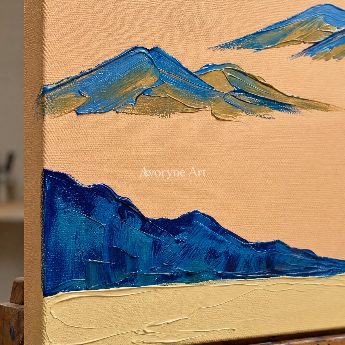 Close-up of the hand-painted texture of Faint Passage green mountain wall art on an easel