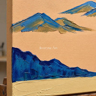 Close-up of the hand-painted texture of Faint Passage green mountain wall art on an easel