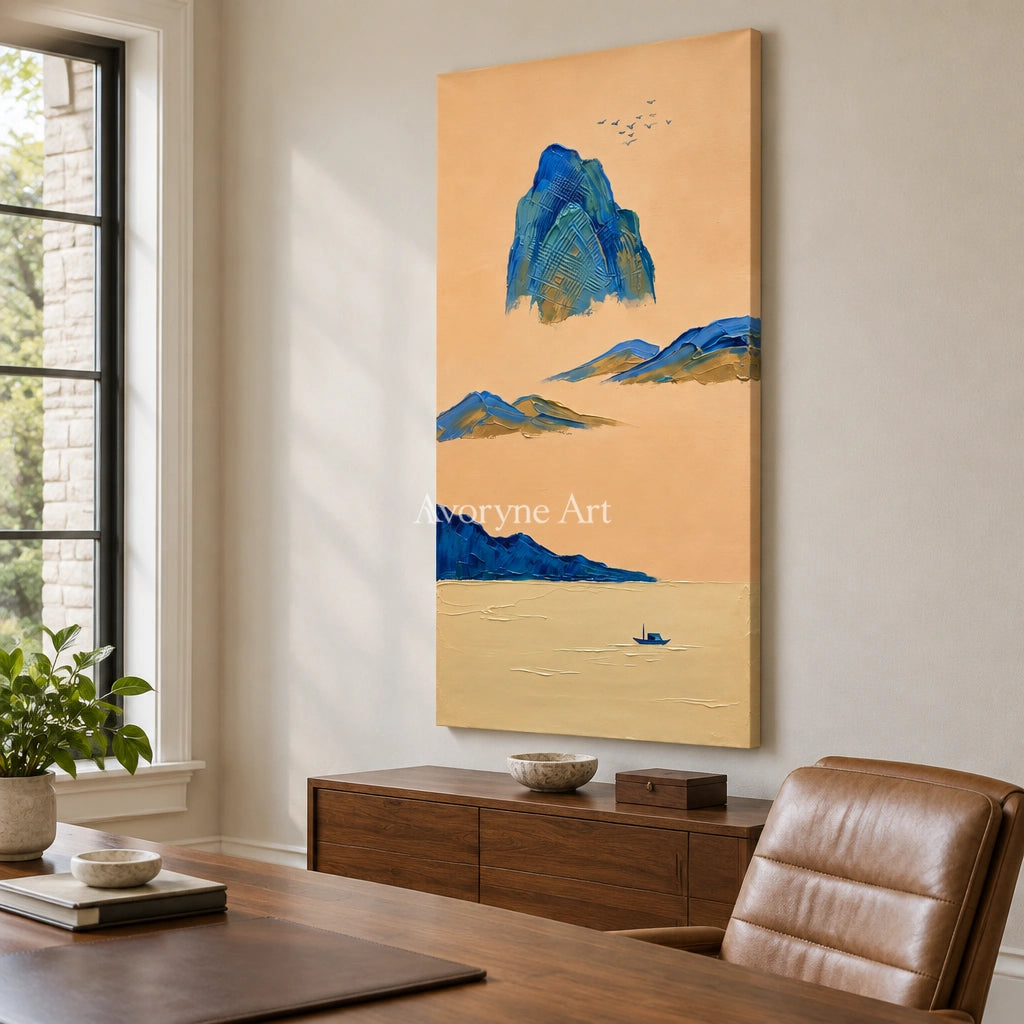 Faint Passage green mountain wall art as a frameless stretched canvas in a home office