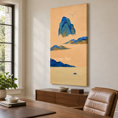 Faint Passage green mountain wall art as a frameless stretched canvas in a home office