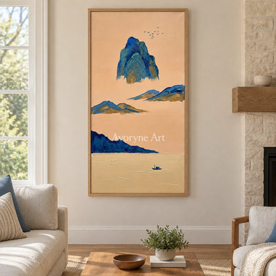 Faint Passage green mountain wall art with a wood frame in a villa living space