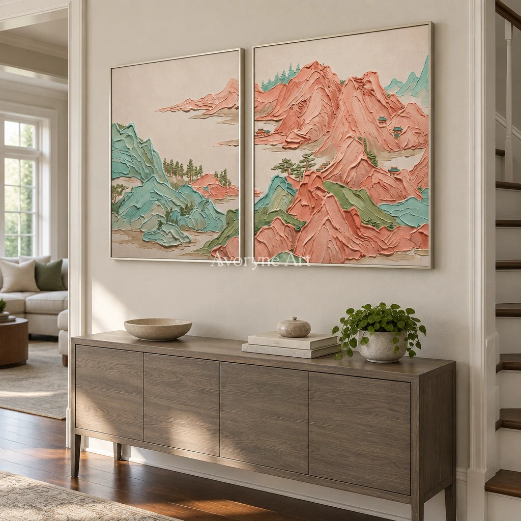 Faint Reverie green mountain diptych with a silver frame in an entryway