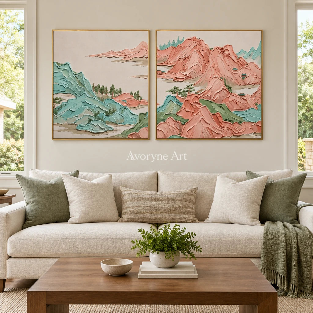 Faint Reverie green mountain diptych with a gold frame hanging in a living room