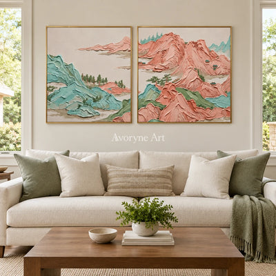 Faint Reverie green mountain diptych with a gold frame hanging in a living room