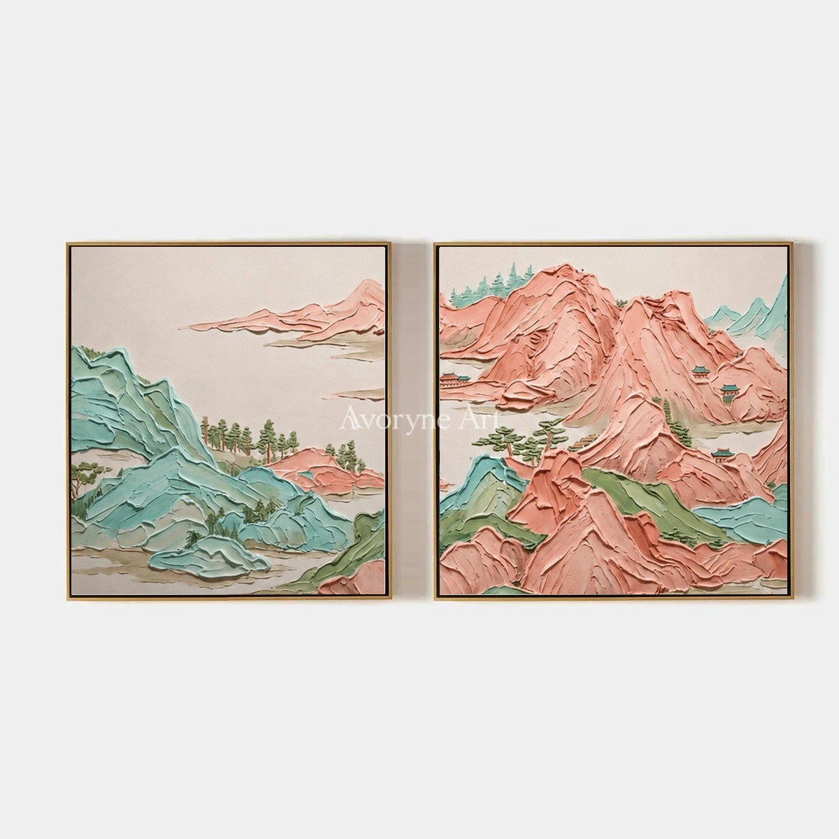 Faint Reverie, hand-painted green mountain diptych by Renji Aoki