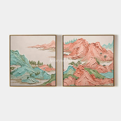 Faint Reverie, hand-painted green mountain diptych by Renji Aoki