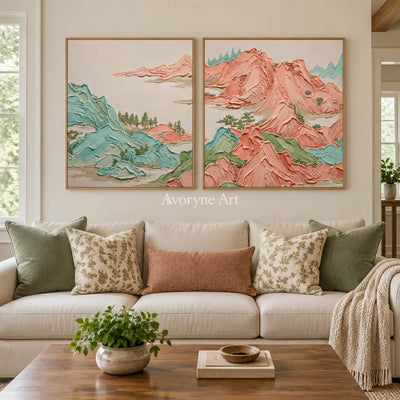 Faint Reverie green mountain diptych with a wood frame in a villa living space