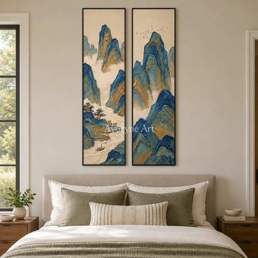 Faint Interval green mountain diptych with a black frame above a bed in a bedroom