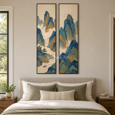 Faint Interval green mountain diptych with a black frame above a bed in a bedroom
