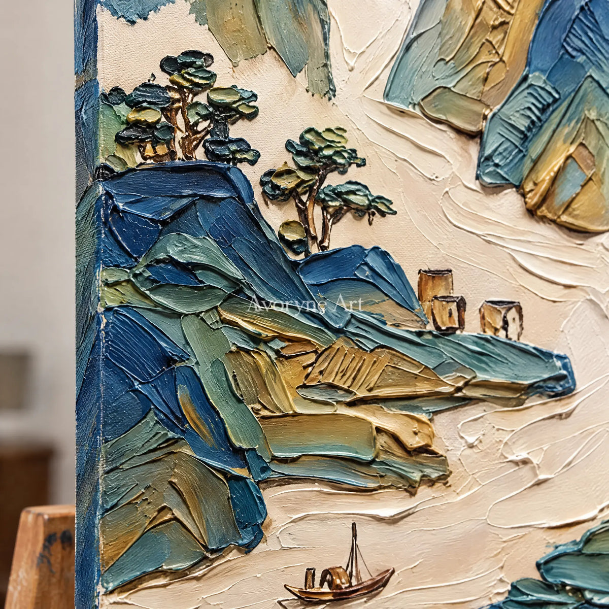 Close-up of the hand-painted texture of Faint Interval green mountain diptych on an easel