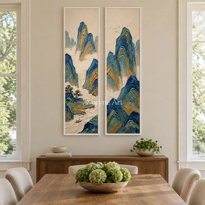 Faint Interval green mountain diptych with a white frame in a dining room