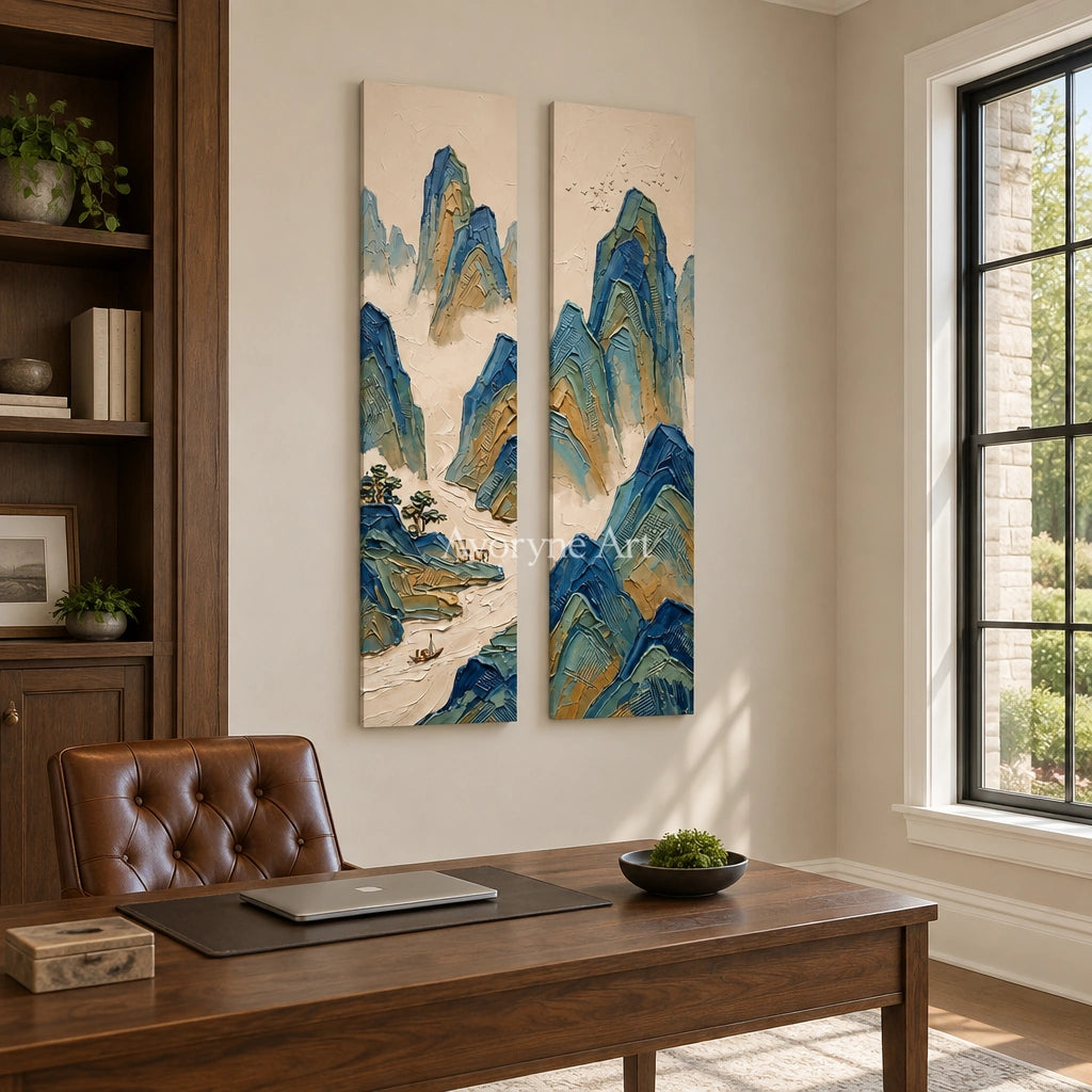 Faint Interval green mountain diptych as a frameless stretched canvas in a home office