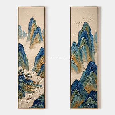 Faint Interval, hand-painted green mountain diptych by Renji Aoki
