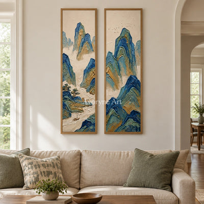 Faint Interval green mountain diptych with a wood frame in a villa living space