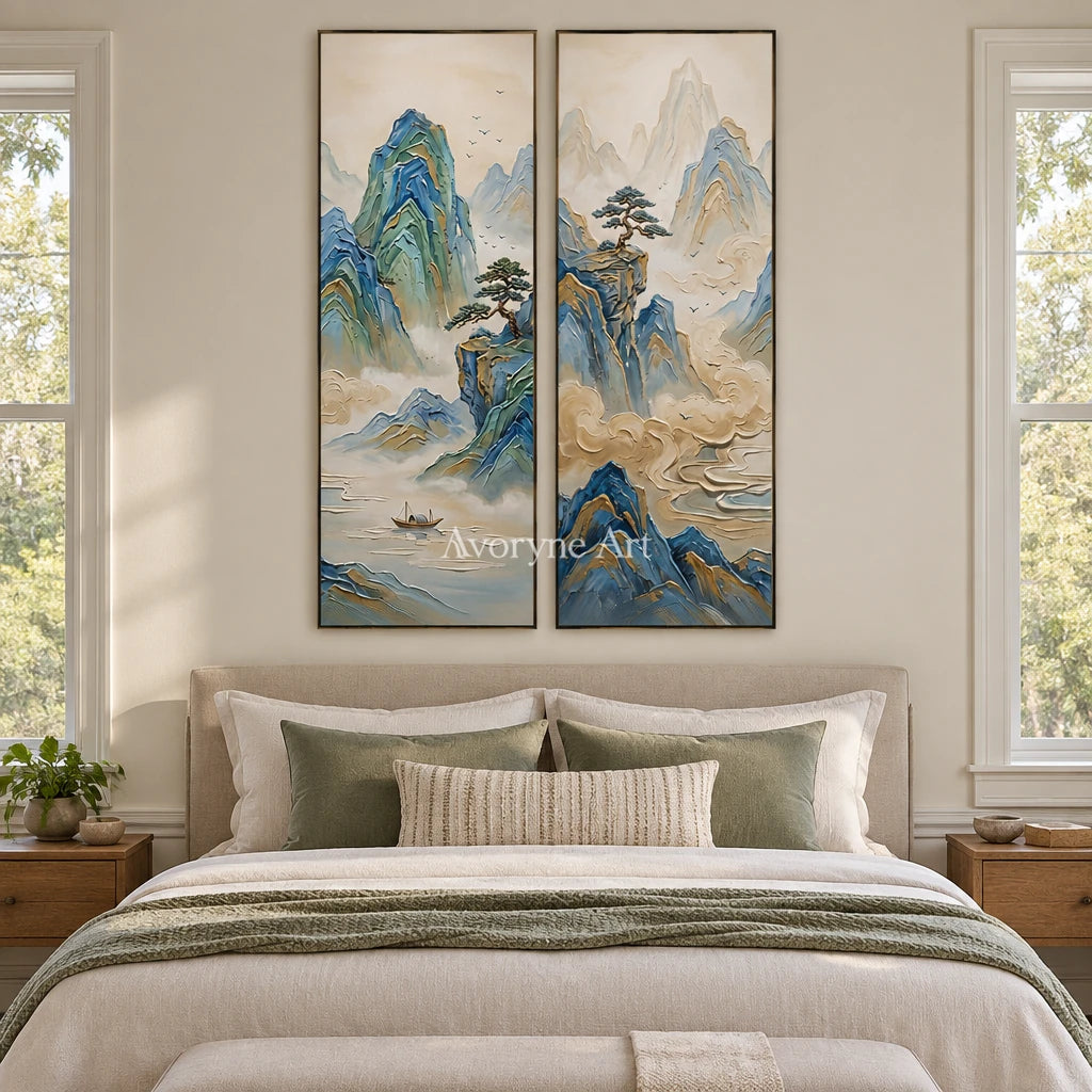 Faint Rhythm green mountain diptych with a black frame above a bed in a bedroom