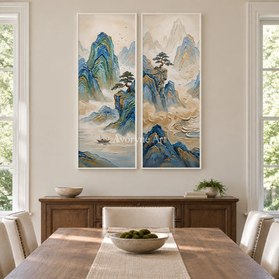 Faint Rhythm green mountain diptych with a white frame in a dining room