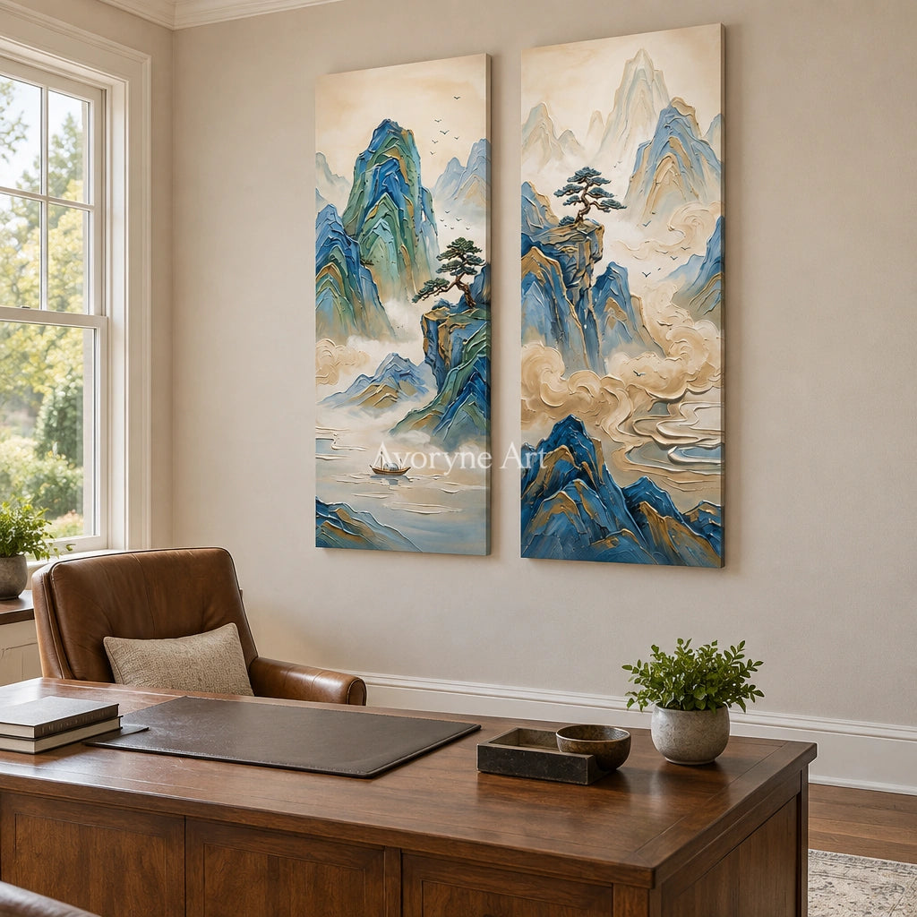 Faint Rhythm green mountain diptych as a frameless stretched canvas in a home office